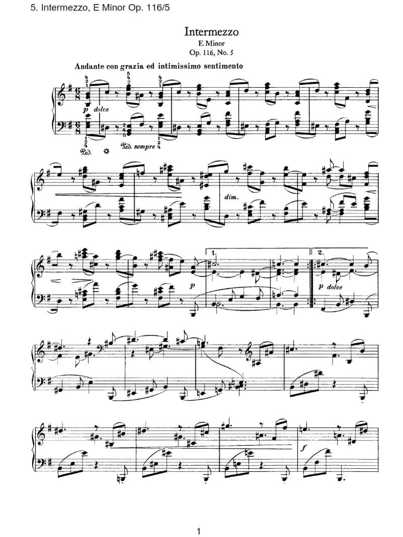 Preview of 7 Fantasies, Op. 116: No. 5 Intermezzo in E Minor