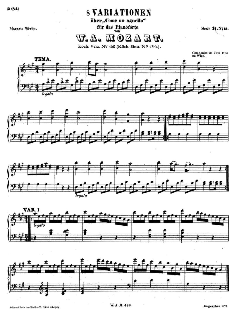 Preview of 8 Variations on 'Come un agnello', K. 460