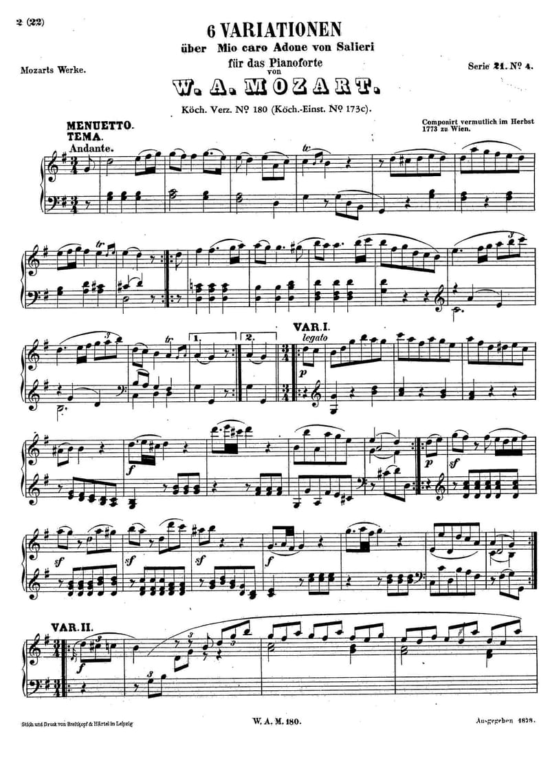 Preview of 6 Variations on 'Mio caro Adone', K. 180
