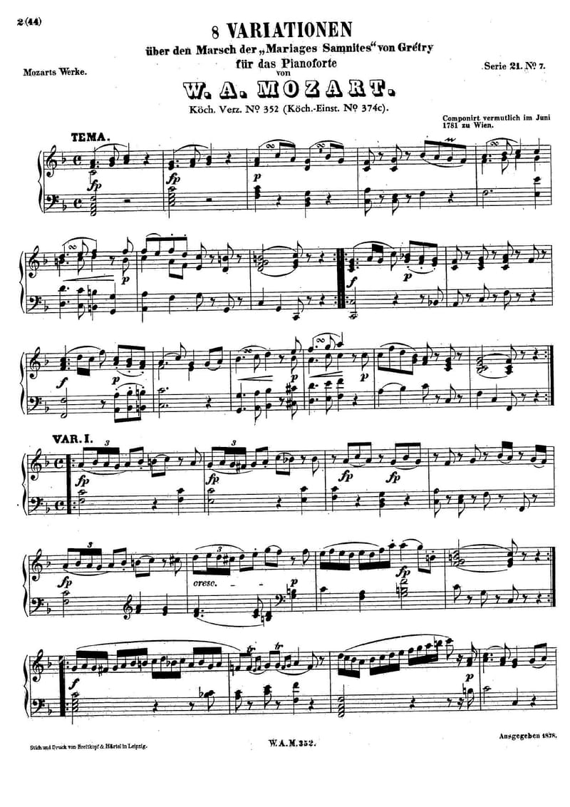 Preview of 8 Variations on 'Dieu d'amour', K. 352